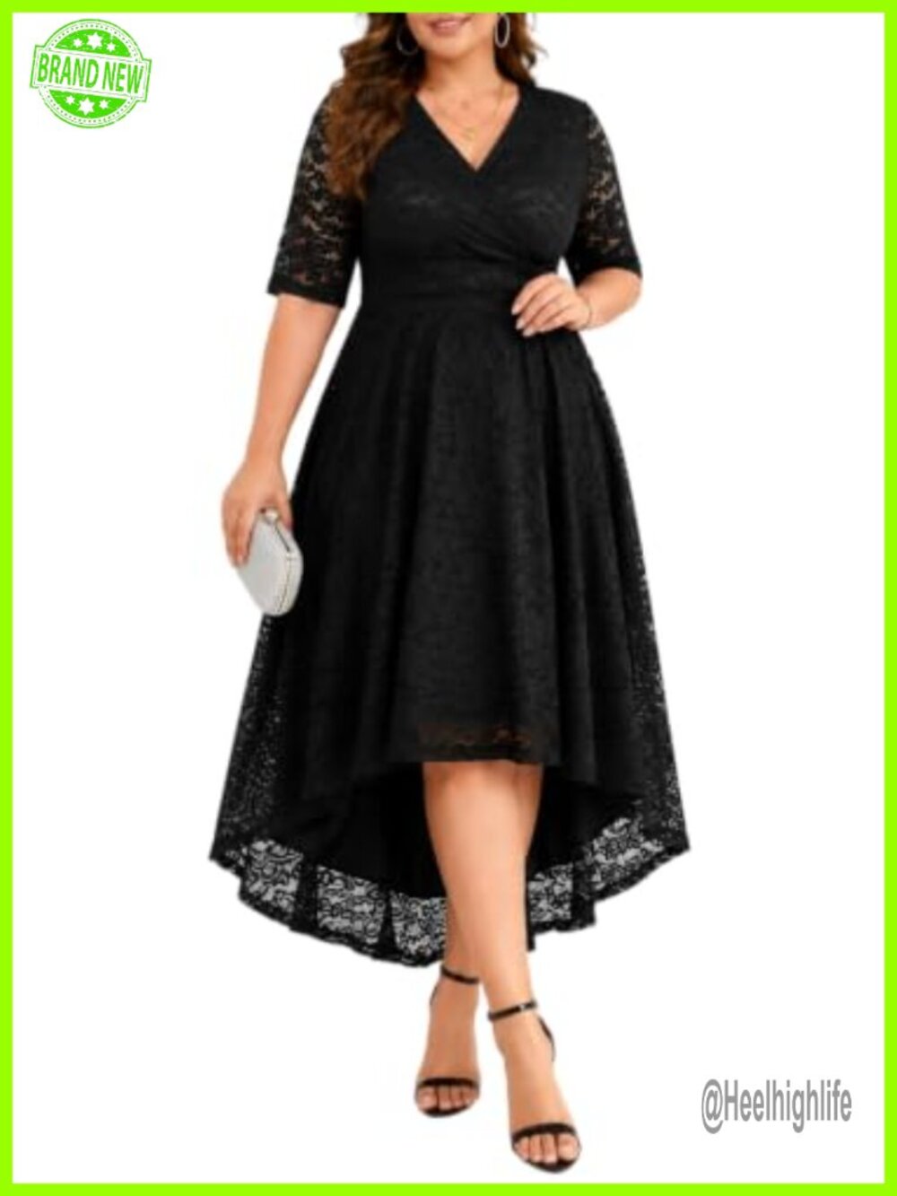 Plus Size Lace Wedding Guest Dress Faux Wrap V Neck High Low Flutter Sleeve